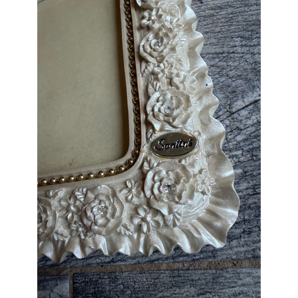 Santini Picture Frame Roses Floral Rhinestone Beaded wedding Ornate Photo Holder
